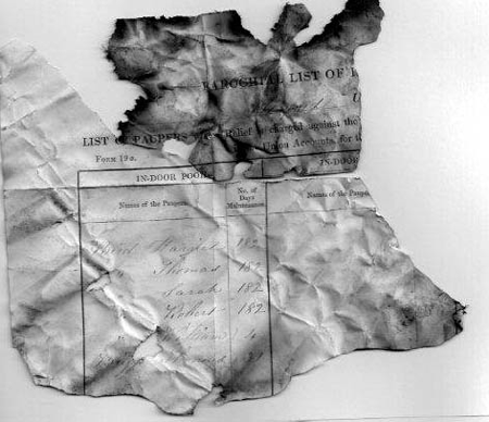 Burnt fragment of Workhouse Register
